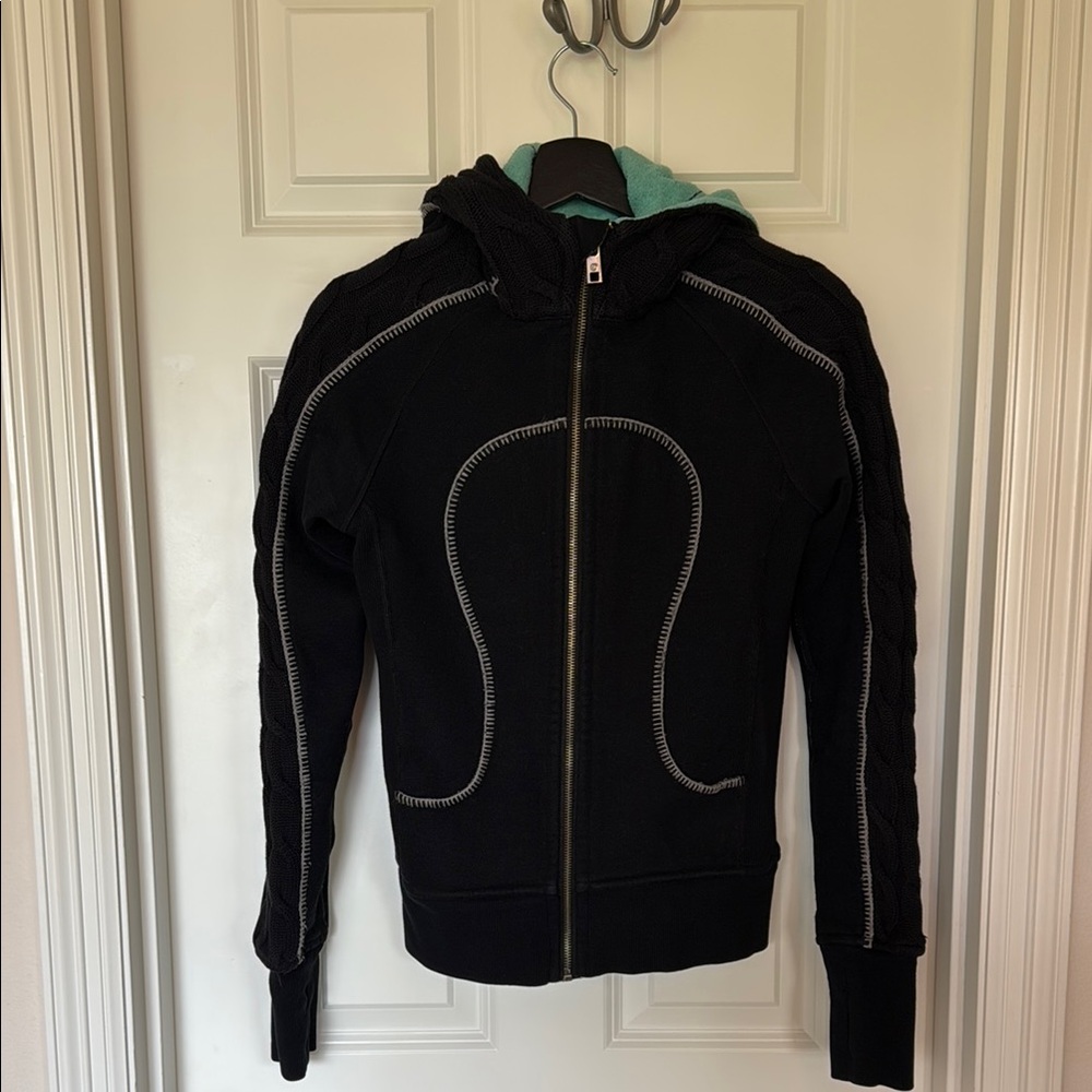Lululemon Special Edition Rare Black Zip-Up Scuba Hoodie with White Stit…